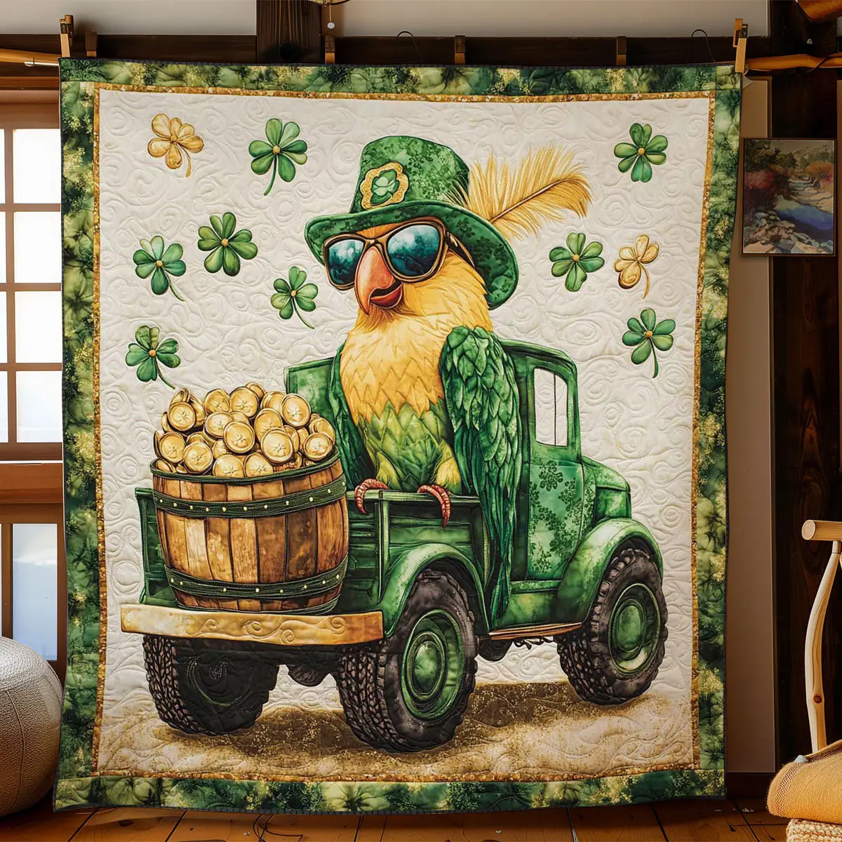 Irish Parrot Charm Quilted Blanket Cozy Living Decor St Patricks Day Gifts For Parrot Lovers
