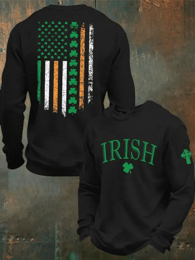 Irish Shamrock Flag Waffle Sweatshirt St. Patrick’s Day Irish Pride Crewneck Gift Ideas