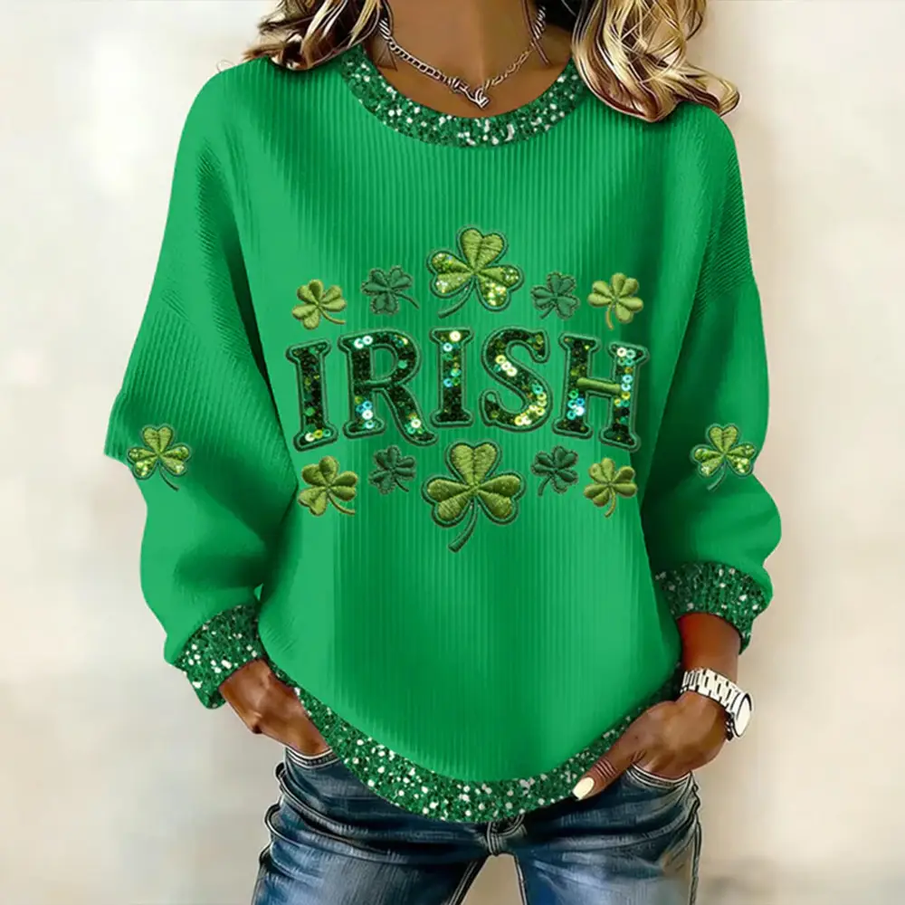 Irish Shamrock Graphic Sweatshirt Holiday Clothing St Paddy's Day Present For Wife Irish Shamrock Graphic Sweatshirt Holiday Clothing St Paddy's Day Present For Wife - Image 1