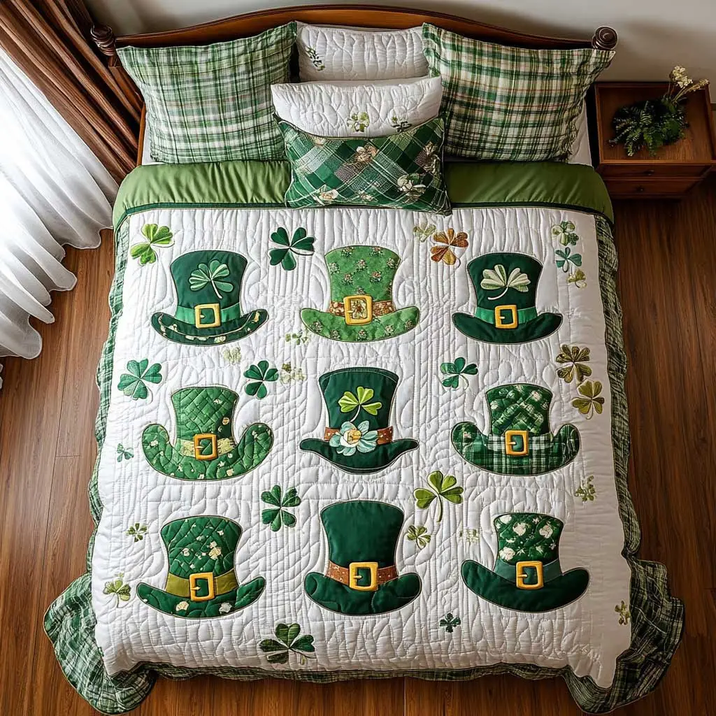Irish Shamrock Hat Quilted Bedding Set Shamrock Duvet Cover St Patricks Day Gift For Mom