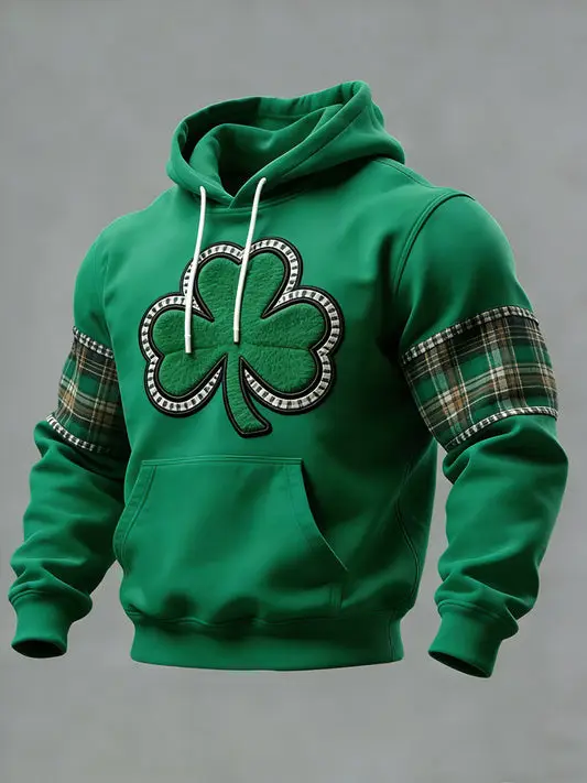 Irish Shamrock Hoodie St Patrick's Day Green Clover Plaid Sleeve Lucky Charm Party Outfit Irish Shamrock Hoodie St Patrick's Day Green Clover Plaid Sleeve Lucky Charm Party Outfit - Image 1