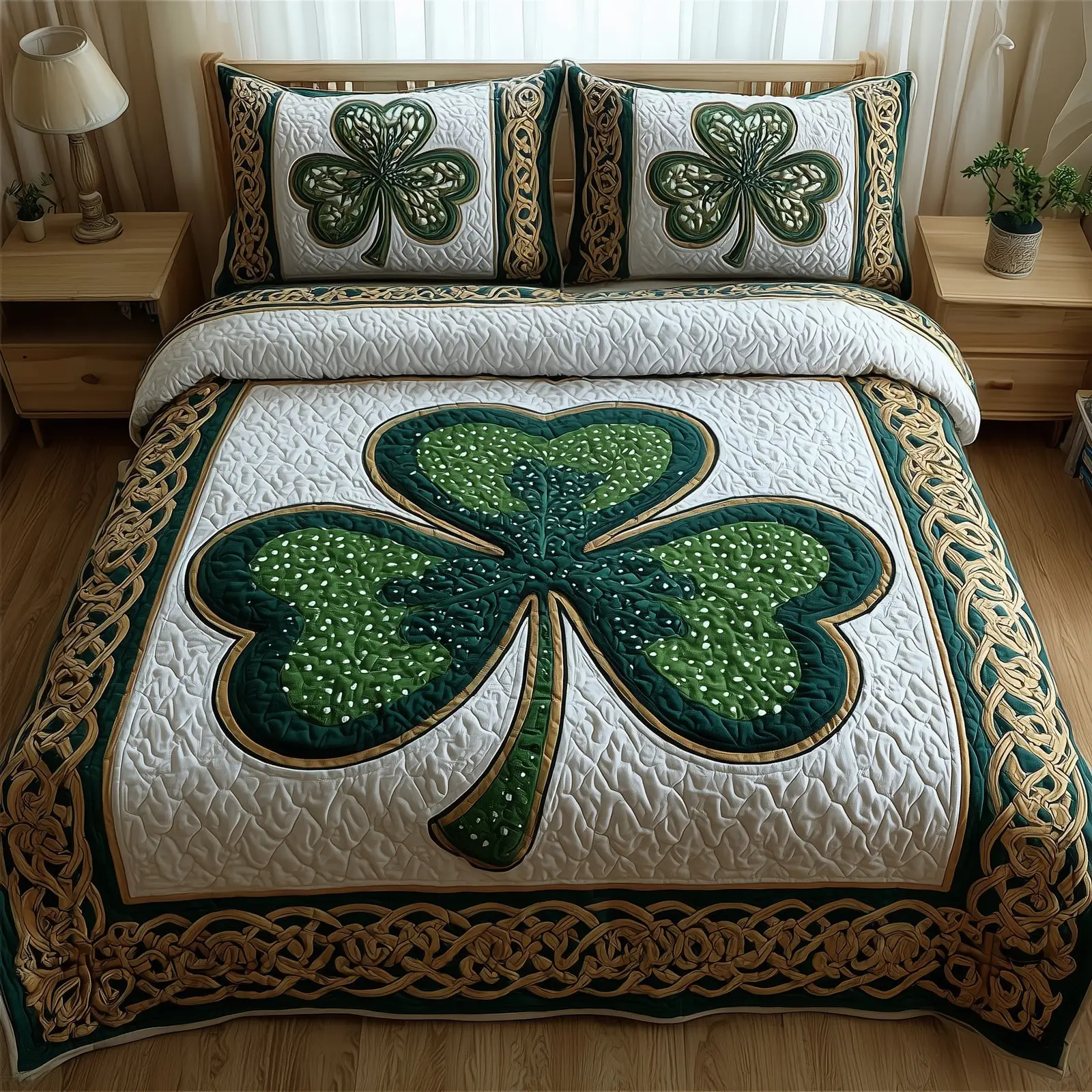 Irish Shamrock Quilted Bedding Set Floral Print