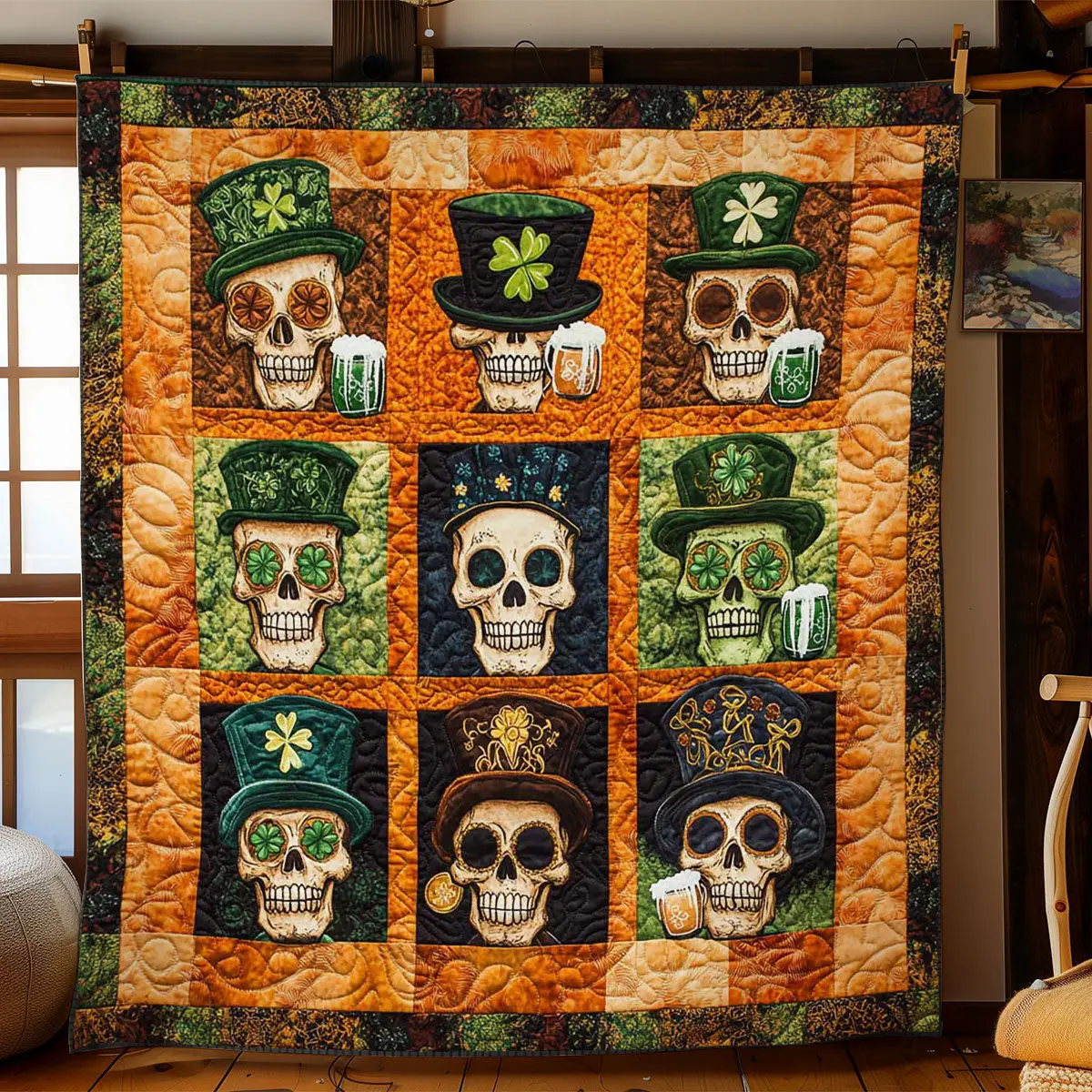 Irish Skull Quilted Blanket Room Accessories Happy St Patrick's Day Gift For Skeleton Lovers