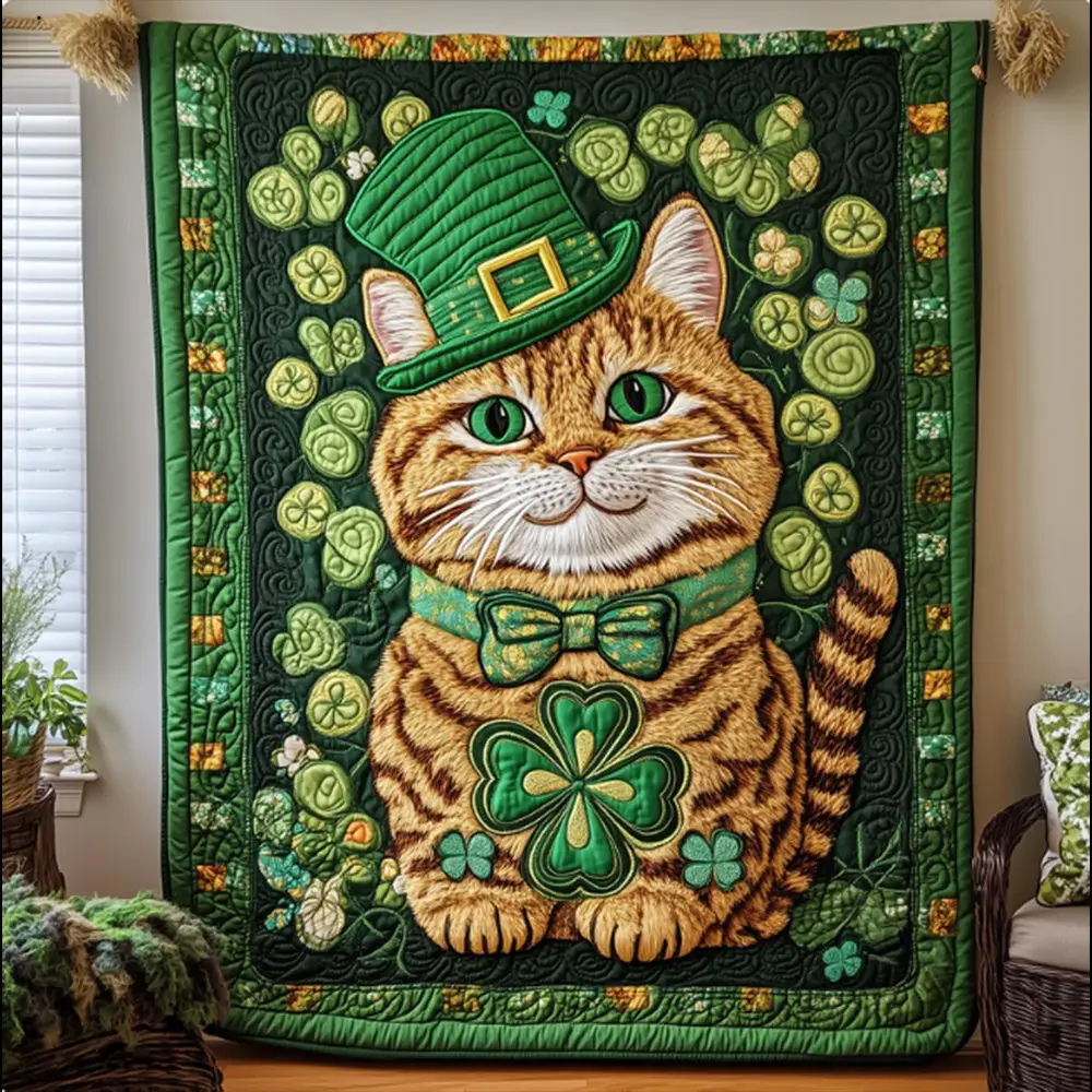 Irish Tabby Cat Saint Patrick's Day Quilt Blanket Best Gift For Cat Lovers
