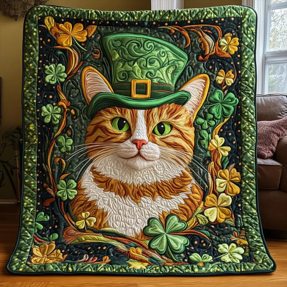 Irish Tabby Cat Saint Patrick's Day Quilt Blanket Cat Lovers Gift For Irish Irish Tabby Cat Saint Patrick's Day Quilt Blanket Cat Lovers Gift For Irish - Image 1