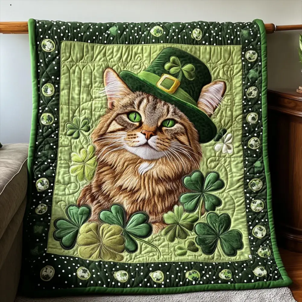 Irish Tabby Cat St Patrick's Day Quilt Blanket Best Gift For Cat Lovers