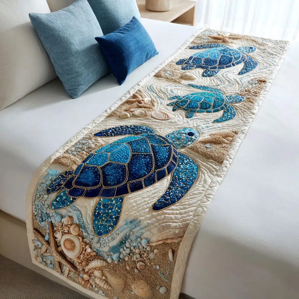 Island Crawler Quilted Bed Runner Island Turtle Crawler Beach Gift Island Crawler Quilted Bed Runner Island Turtle Crawler Beach Gift - Image 1