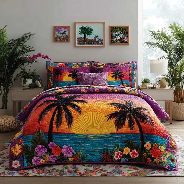 Island Sunset Quilted Bedding Set Tropical Bedroom Decor Cozy Home Gift For Beach Lovers Island Sunset Quilted Bedding Set Tropical Bedroom Decor Cozy Home Gift For Beach Lovers - Image 1
