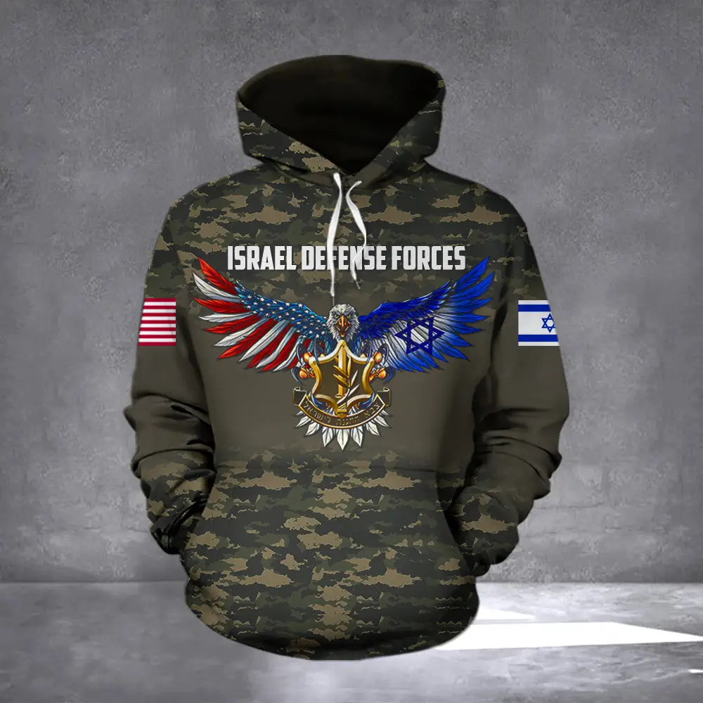 Israel Defense Forces Camo Hoodie American And Israeli Flag Eagle IDF Merch