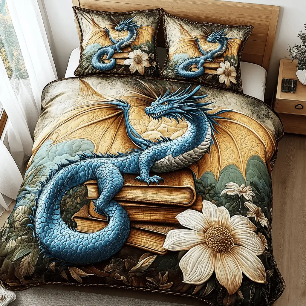 Ivory Bloom Dragon Quilted Bedding Set Personalized Bedding Set Gift for Couples Ivory Bloom Dragon Quilted Bedding Set Personalized Bedding Set Gift for Couples - Image 1