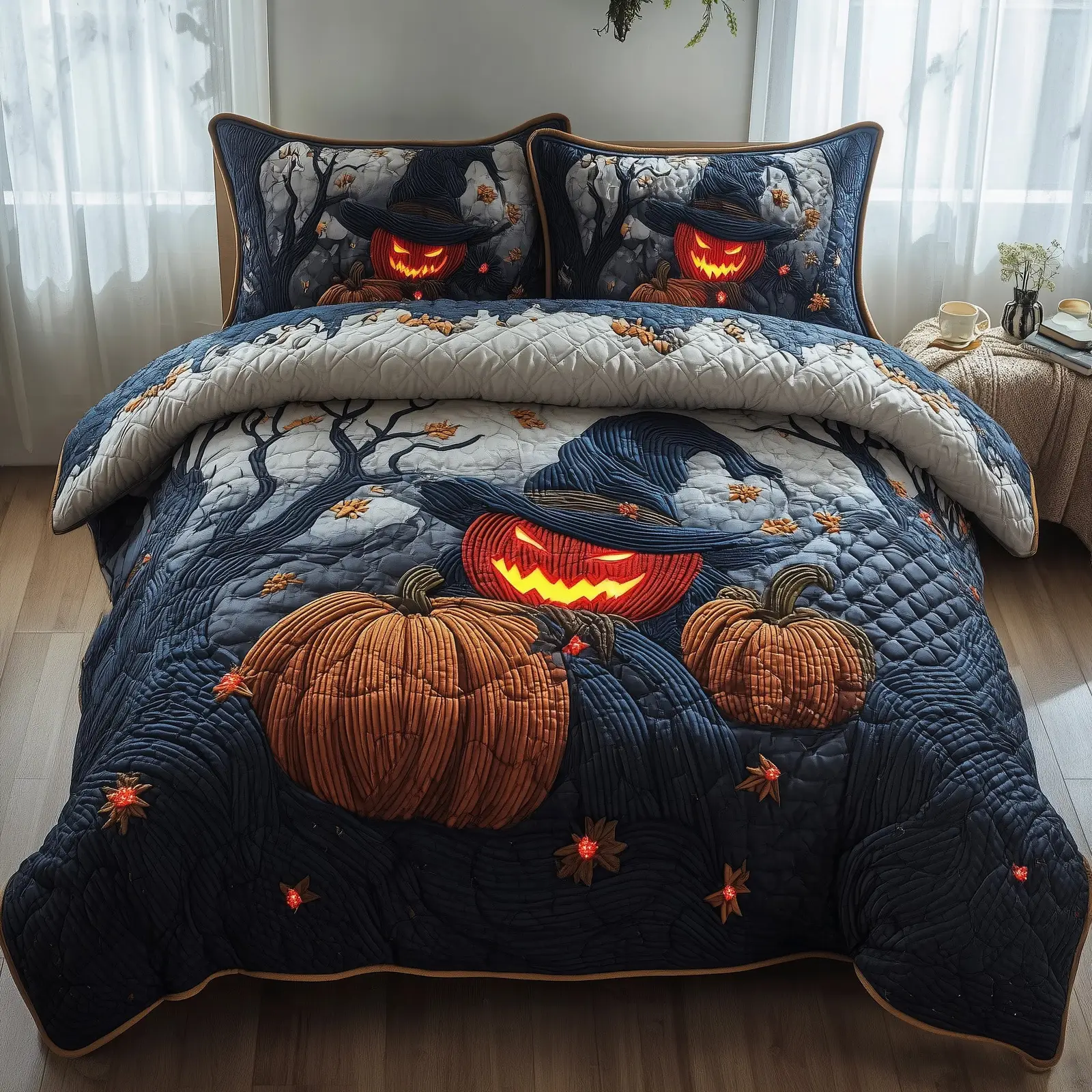Jack O Lantern Quilted Bedding Set Machine Washable