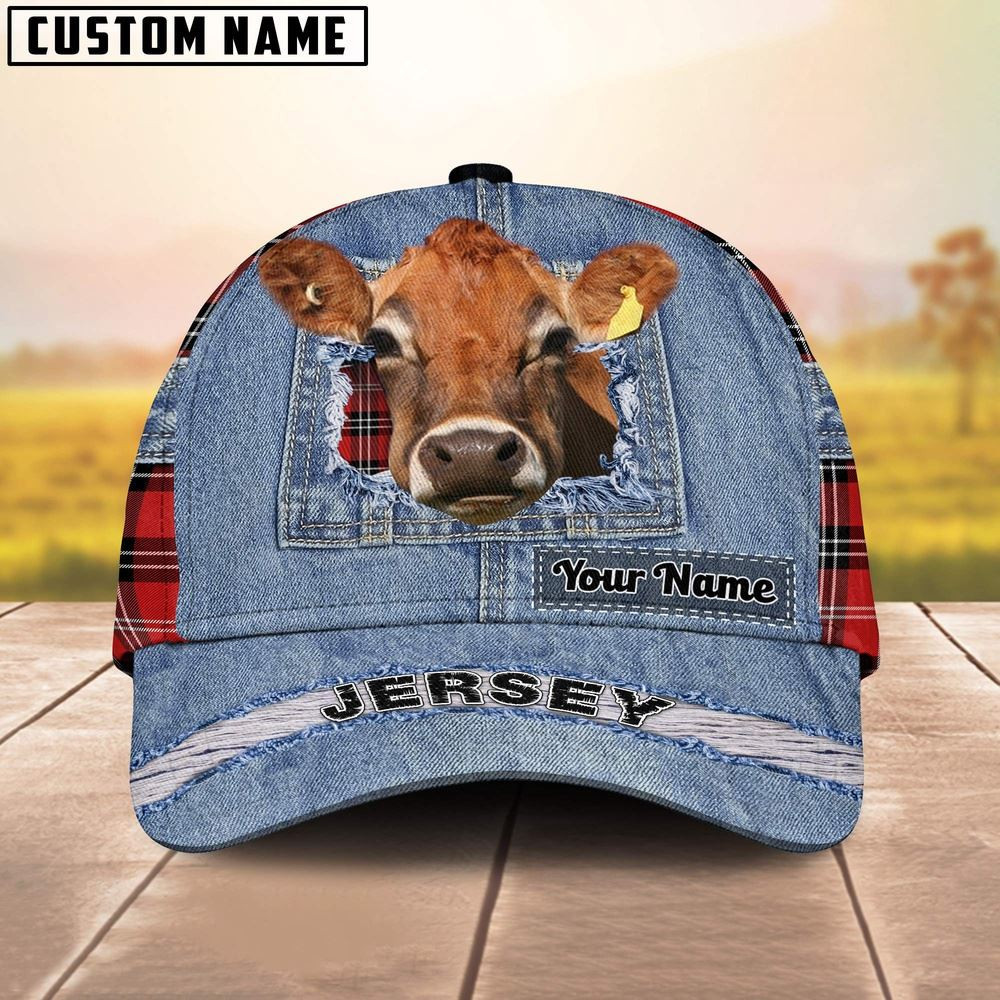 Jersey Overall Jeans Pattern And Red Caro Pattern Customized Name Cap Farmer Baseball Cap Gift For Farmer