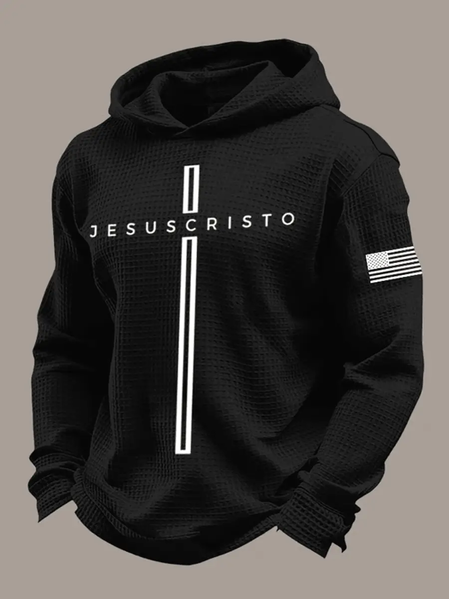 Jesus Cristo Cross Waffle Hoodie USA Flag Faith Pullover Men’s Christian Faith Gift