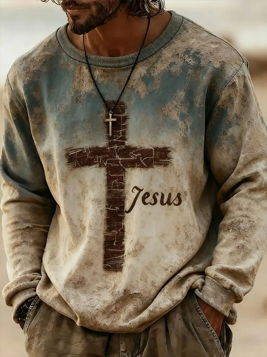 Jesus Cross Vintage Distressed Sweatshirt Men Christian Faith Apparel Best Gift For Believers