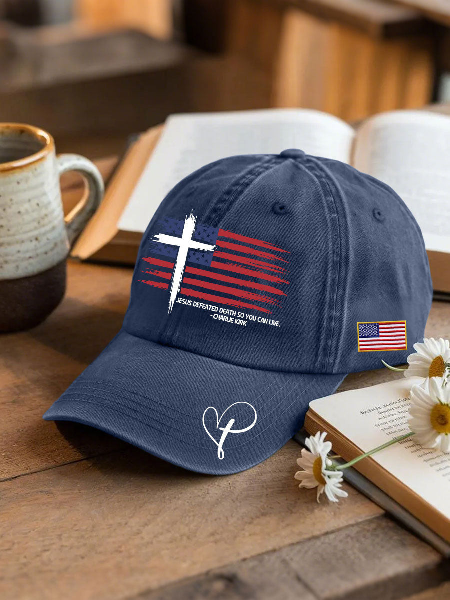 Jesus Defeated Death So You Can Live Neutral Hats Navy Blue Charlie Kirk 47 Merch