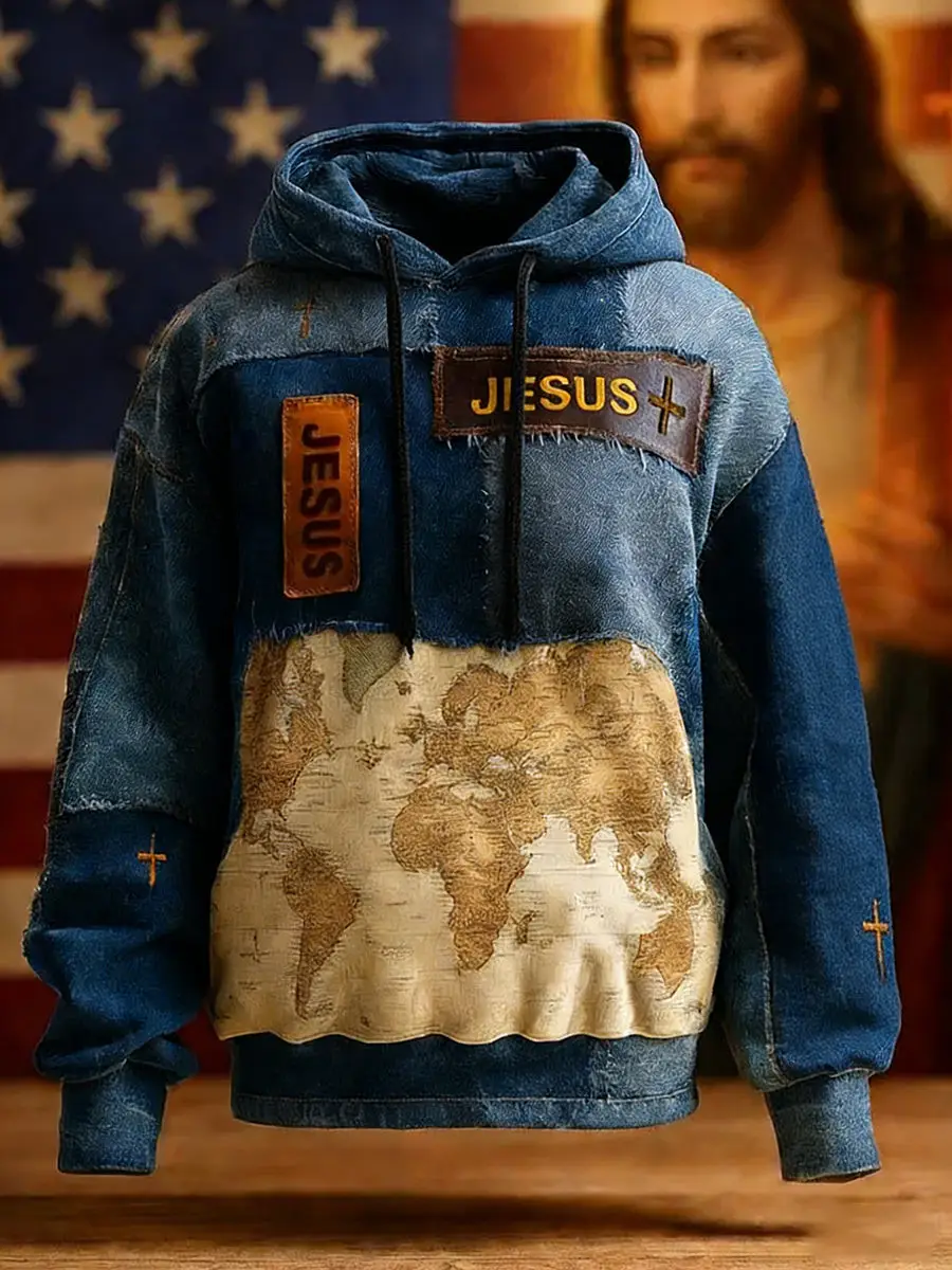 Jesus Faith Patchwork Christian Hoodie Vintage Cross Denim Pullover Religious Gift For Men