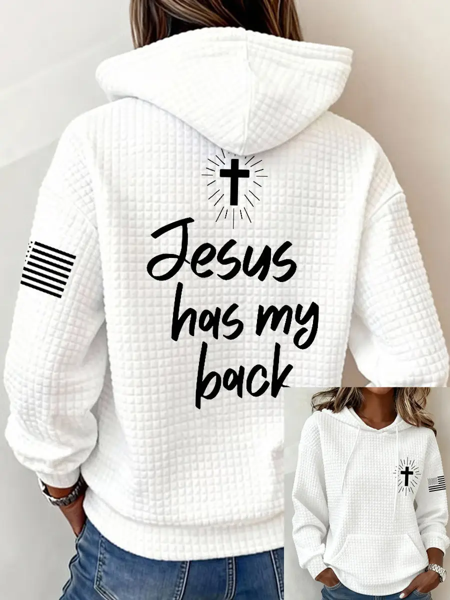 Jesus Has My Back Waffle Hoodie USA Flag Cross Christian Clothes Gift For Believer Jesus Has My Back Waffle Hoodie USA Flag Cross Christian Clothes Gift For Believer - Image 1