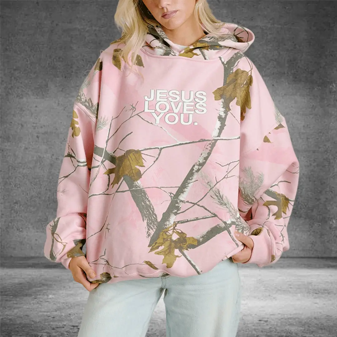Jesus Loves You Merch Blush Woodland Camo Hoodie Streetwear Gift for Christians Jesus Loves You Merch Blush Woodland Camo Hoodie Streetwear Gift for Christians - Image 1