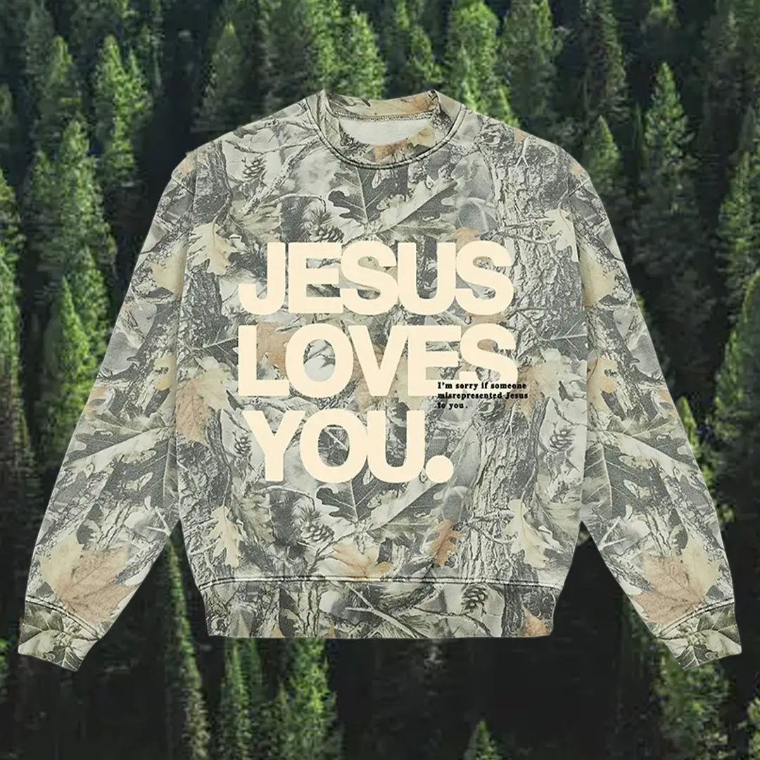 Jesus Loves You Merch Camo Sweatshirt Real Tree Leaf Pattern Crewneck Religious Gift