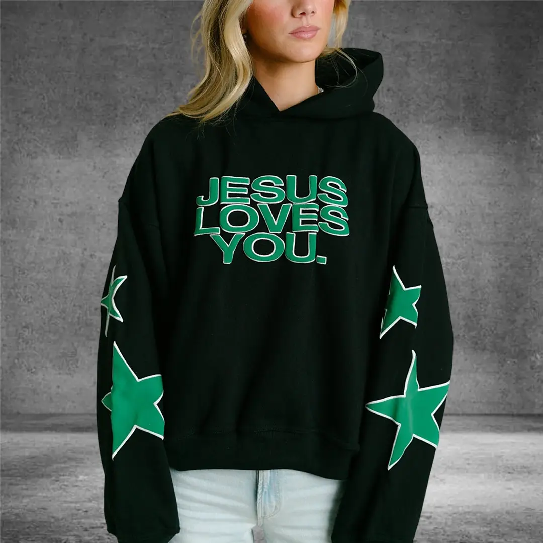 Jesus Loves You Merch Check Front Hoodie Star Graphic Religious Apparel for Teens