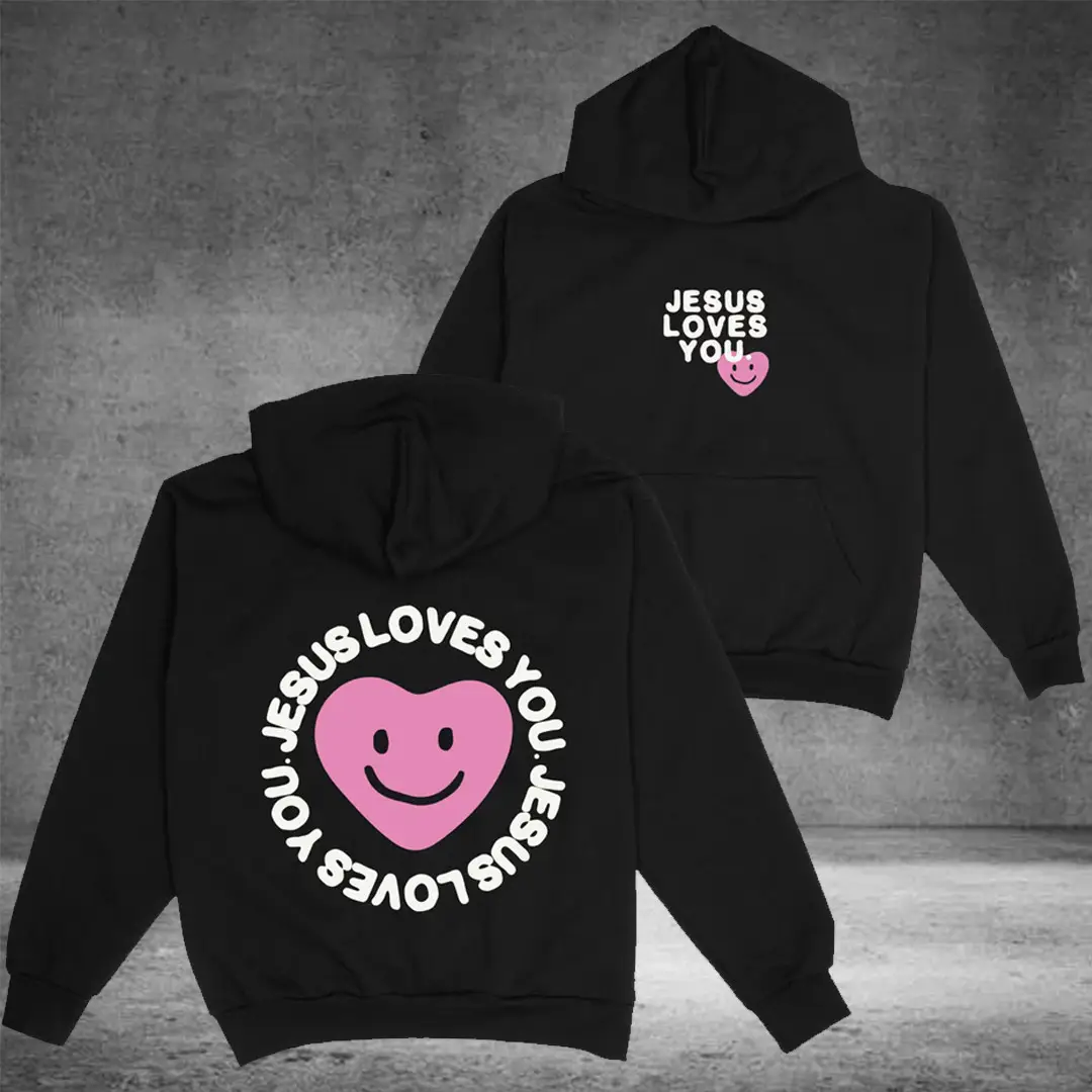 Jesus Loves You Merch Hoodie Happy Heart Hooded Sweatshirt Christian Gift for BFF
