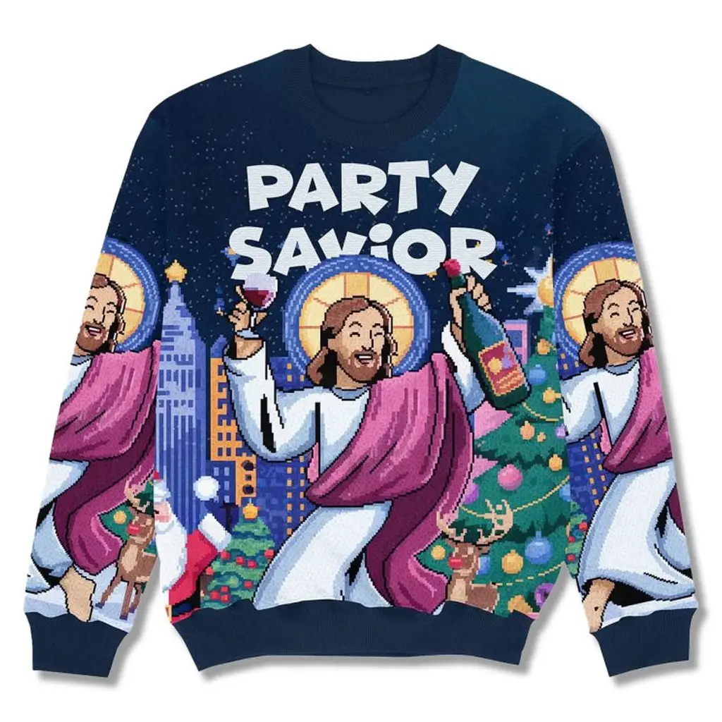 Jesus Party Savior Funny Christmas Ugly Sweater Christian Christmas Sweater Gifts For Friends - WearandDecor