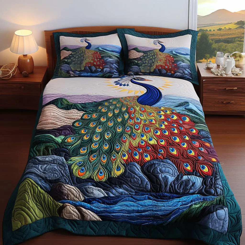 Jewel-Toned Garden Quilted Bedding Set Bed Decor Peacock Lovers Gifts For Women