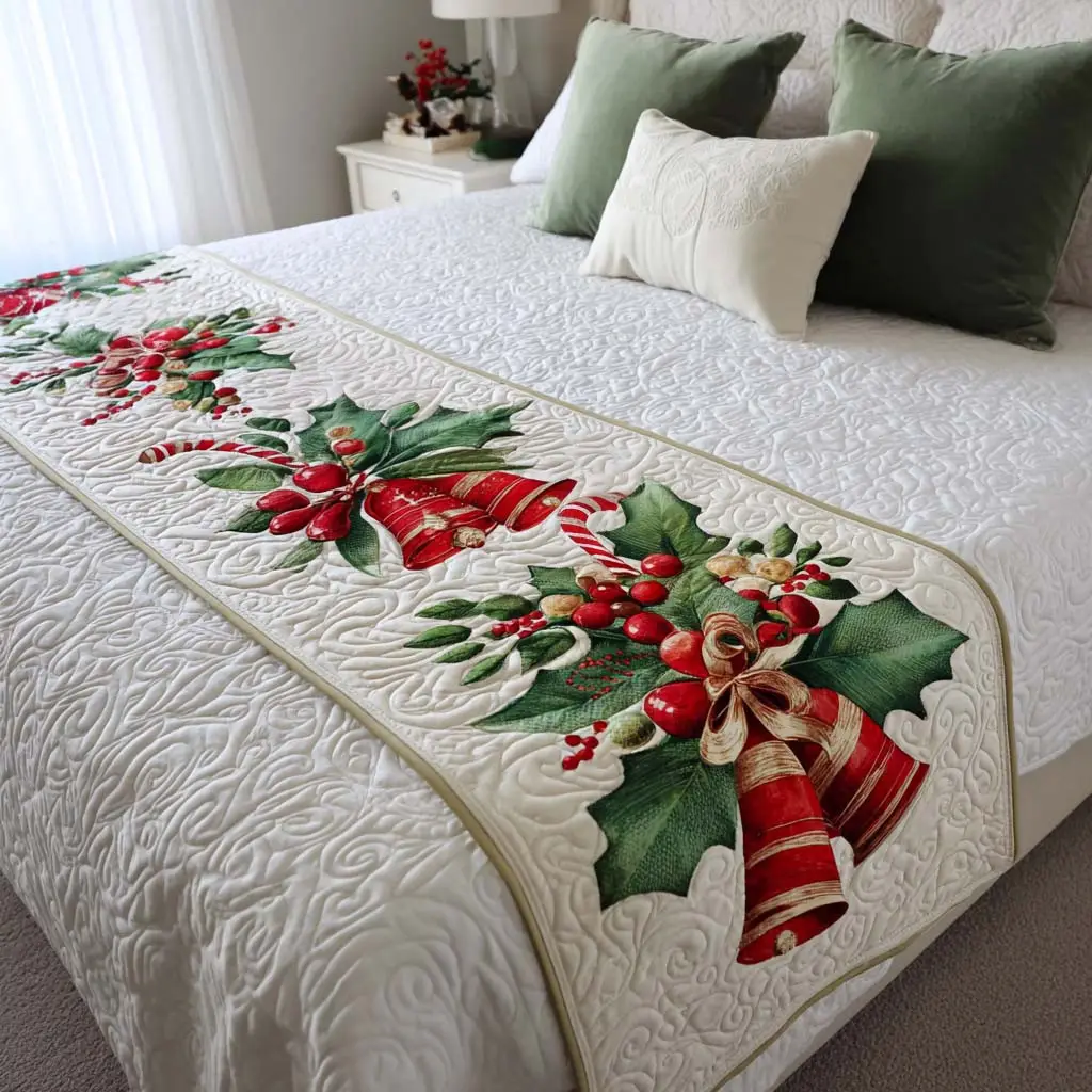 Jingle Bells Quilted Bed Runner Jingle Bells Pattern Christmas Gift for Mom