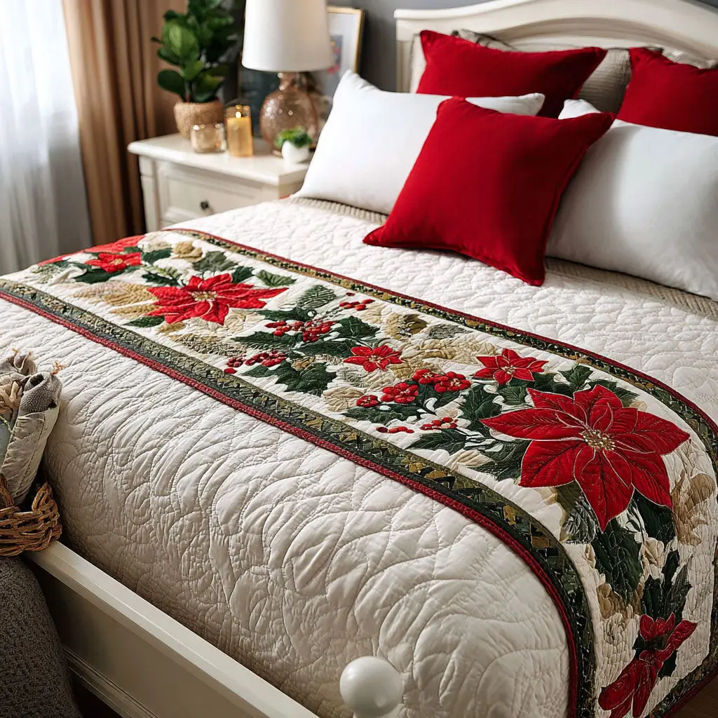 Jingle Berry Bliss Quilted Bed Runner Festive Berry Detail Christmas Gift for Mom Jingle Berry Bliss Quilted Bed Runner Festive Berry Detail Christmas Gift for Mom - Image 1