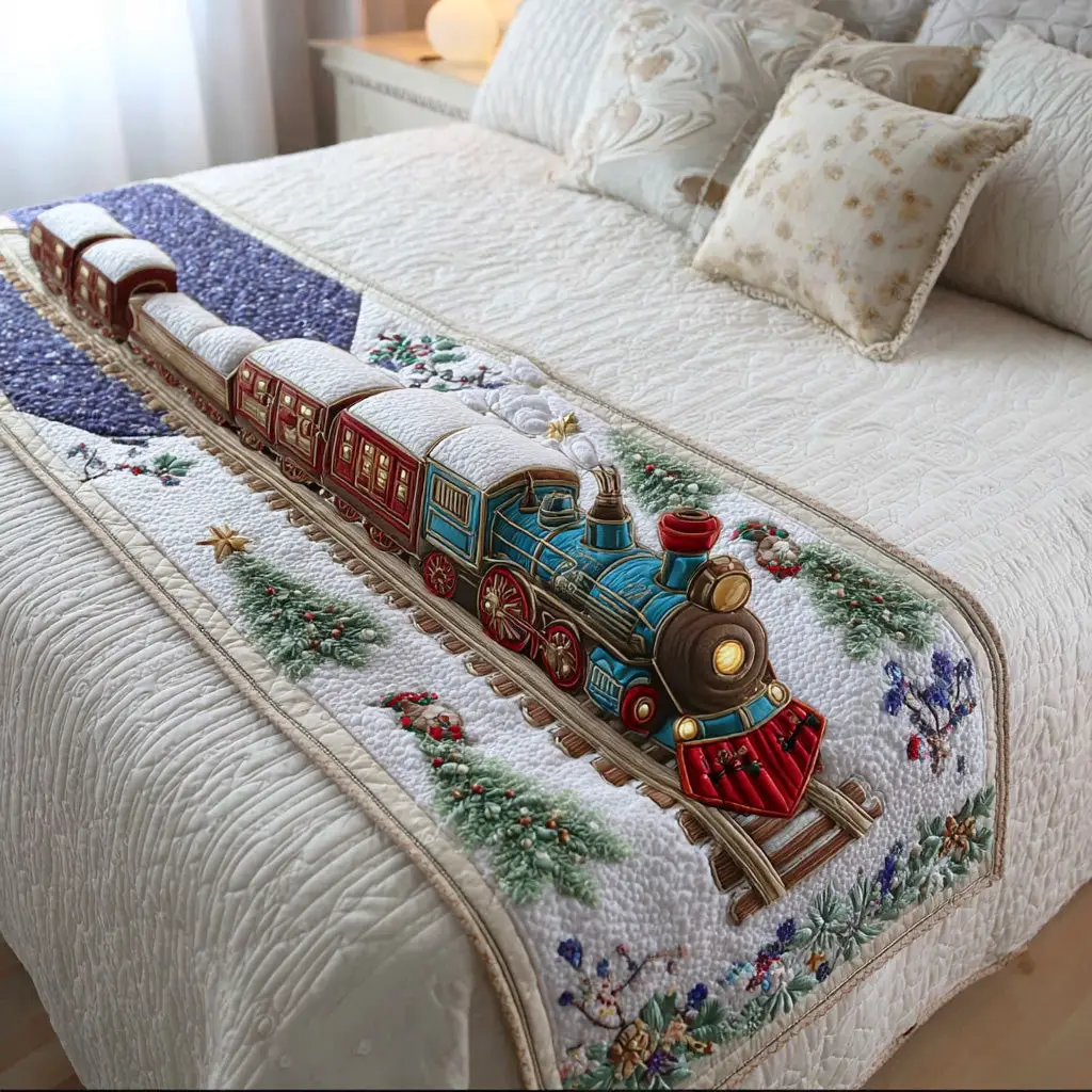 Jingle Rail Route Quilted Bed Runner Jingle Rail Path Christmas Gift