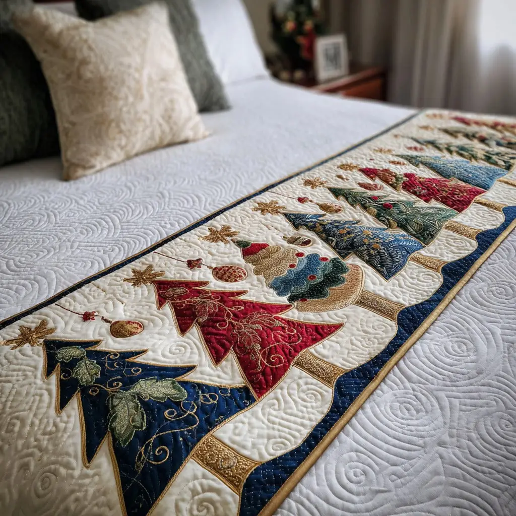 Jolly Forest Quilted Bed Runner Festive Forest Atmosphere Holiday Gift for Grandpa