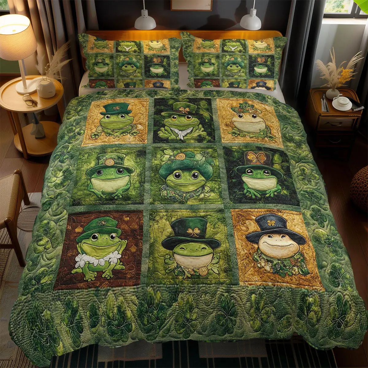 Jolly Frog Quilted Bedding Set Bedding Ideas St Patrick's Day Gifts For Frog Lovers