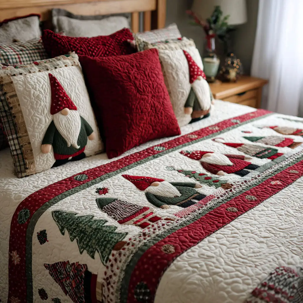 Jolly Gnomes Quilted Bed Runner Jolly Christmas Gnomes Holiday Gift for Grandma