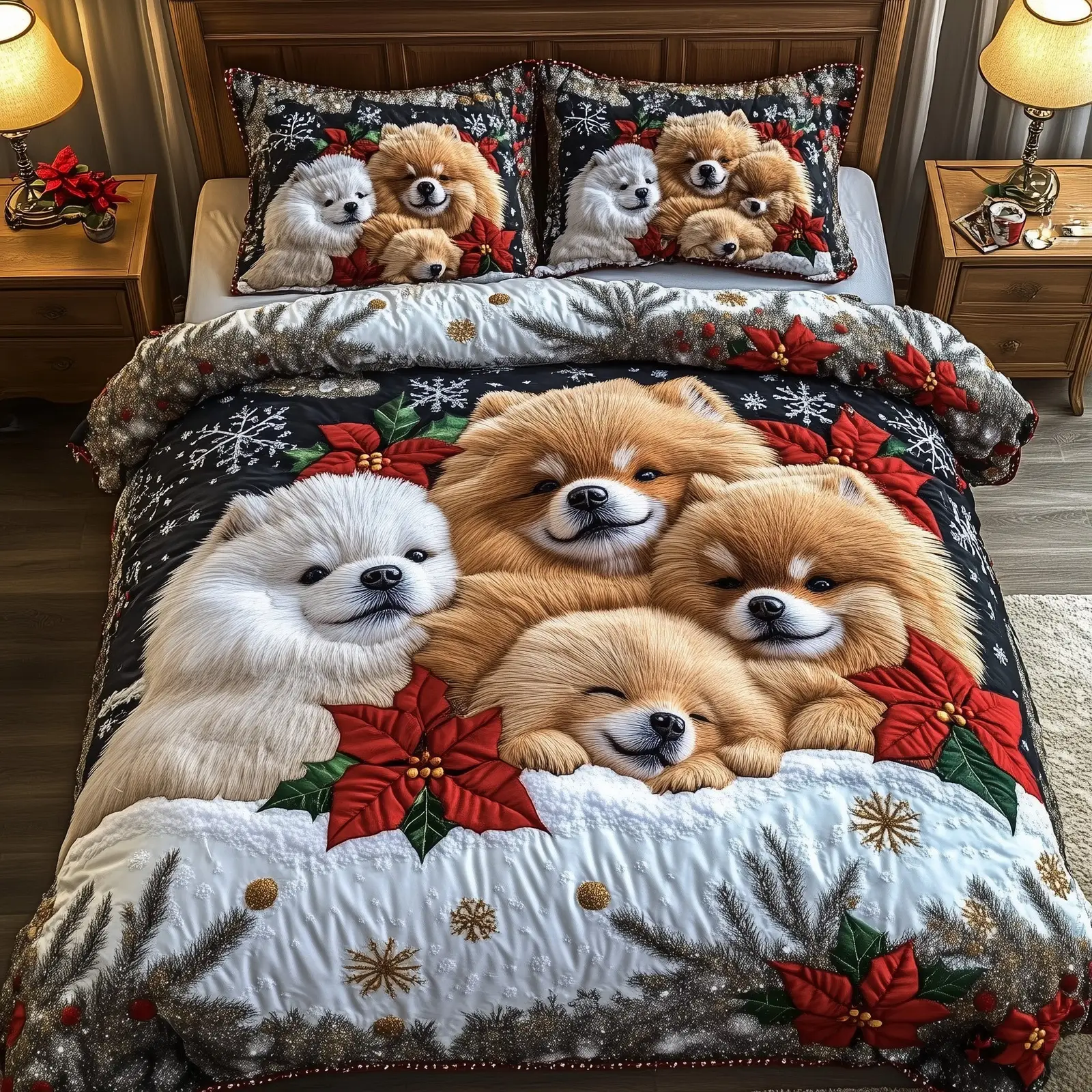 Jolly Pomeranian Christmas Quilted Bedding Set Duvet Cover Bedspread Gifts For Christmas Jolly Pomeranian Christmas Quilted Bedding Set Duvet Cover Bedspread Gifts For Christmas - Image 1