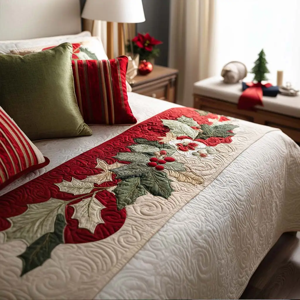 Jolly Red and Green Quilted Bed Runner Jolly Red Green Mix Holiday Gift Jolly Red and Green Quilted Bed Runner Jolly Red Green Mix Holiday Gift - Image 1
