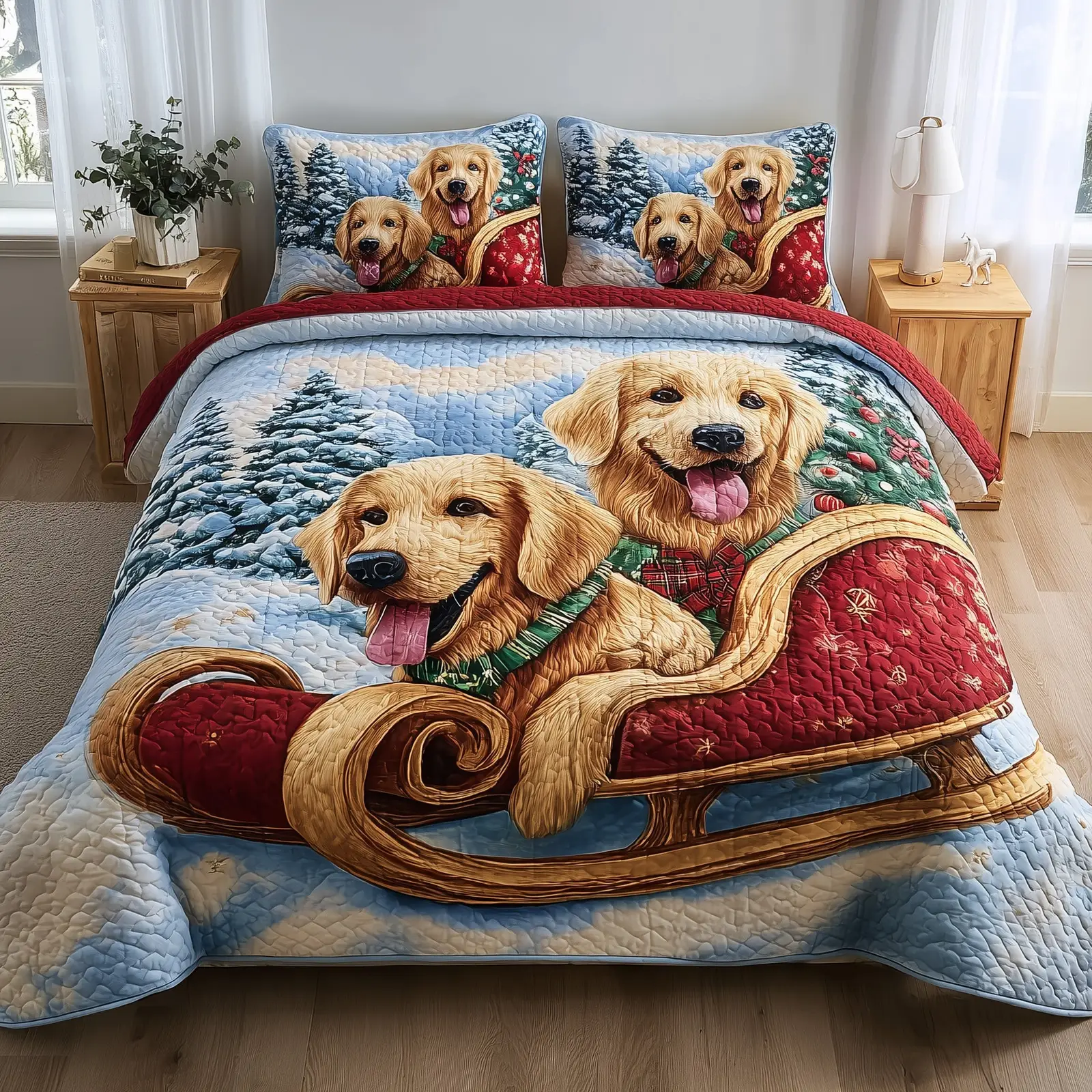 Jolly Retriever Quilted Bedding Set Bed Duvet Spread Dog Gifts For Dog Lovers