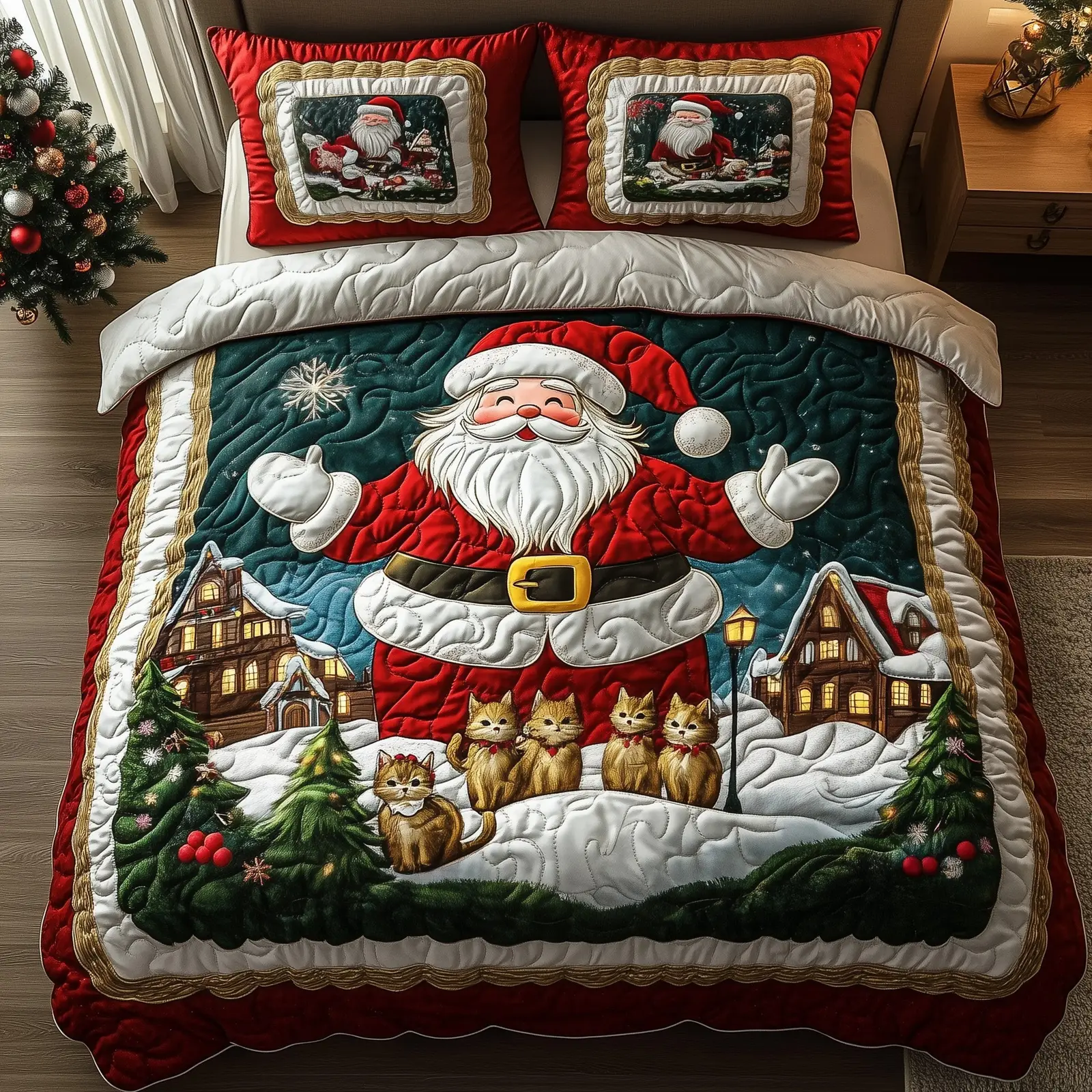 Jolly Santa Christmas Quilted Bedding Set Duvet Cover Bedspread Cute Xmas Gifts For Daughter