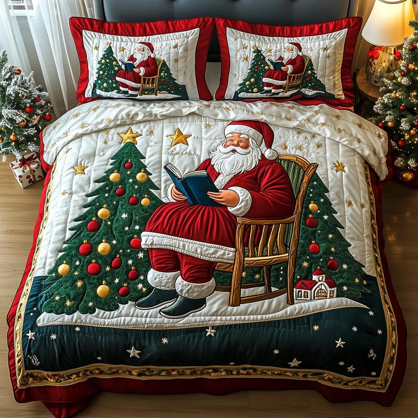 Jolly Santa Christmas Quilted Bedding Set Duvet Cover Bedspread Cute Xmas Gifts For Her