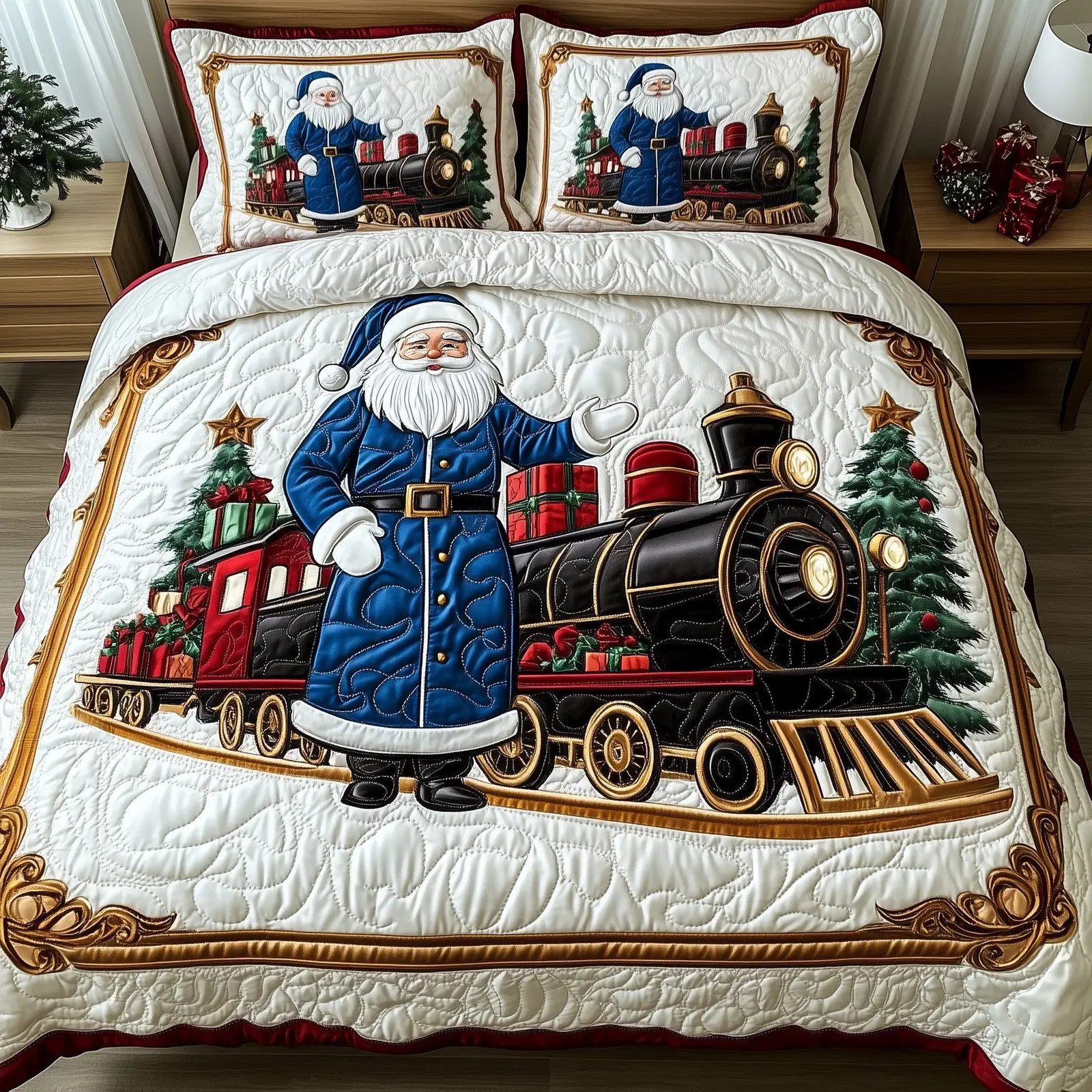 Jolly Santa Christmas Quilted Bedding Set Duvet Cover Bedspread Xmas Train Christmas Gifts