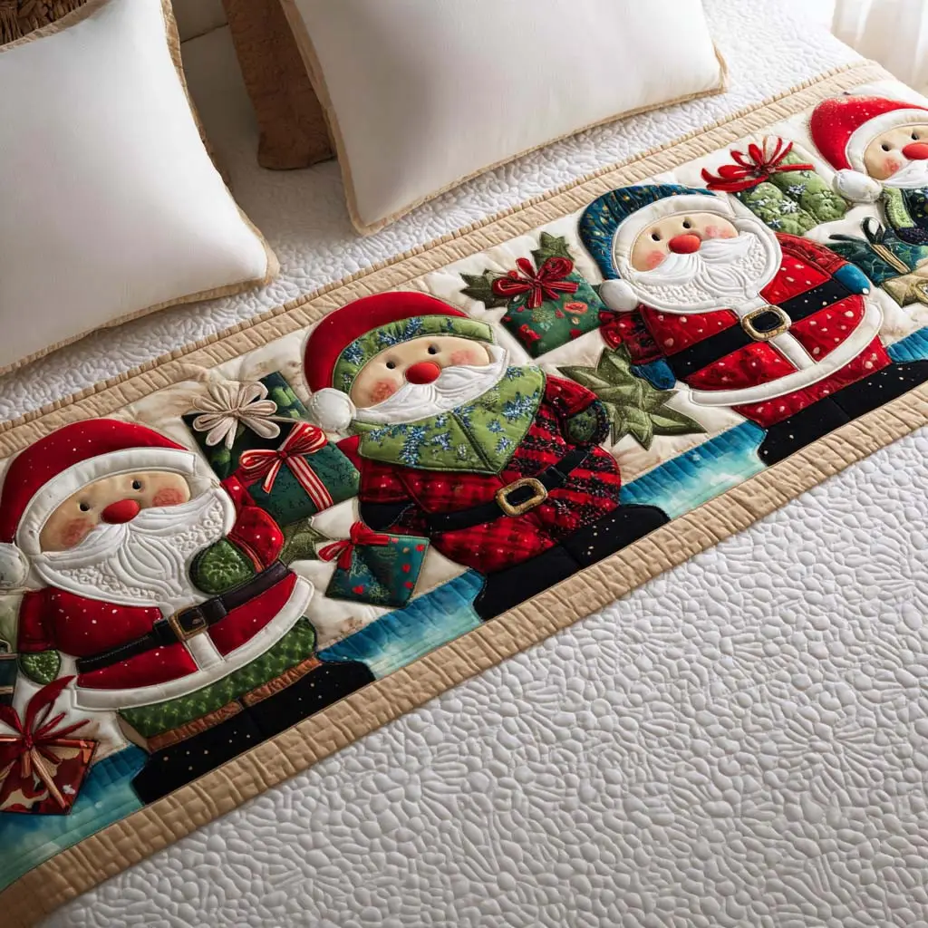 Jolly Santa Quilted Bed Runner Happy Santa Scene Christmas Gift for Mom