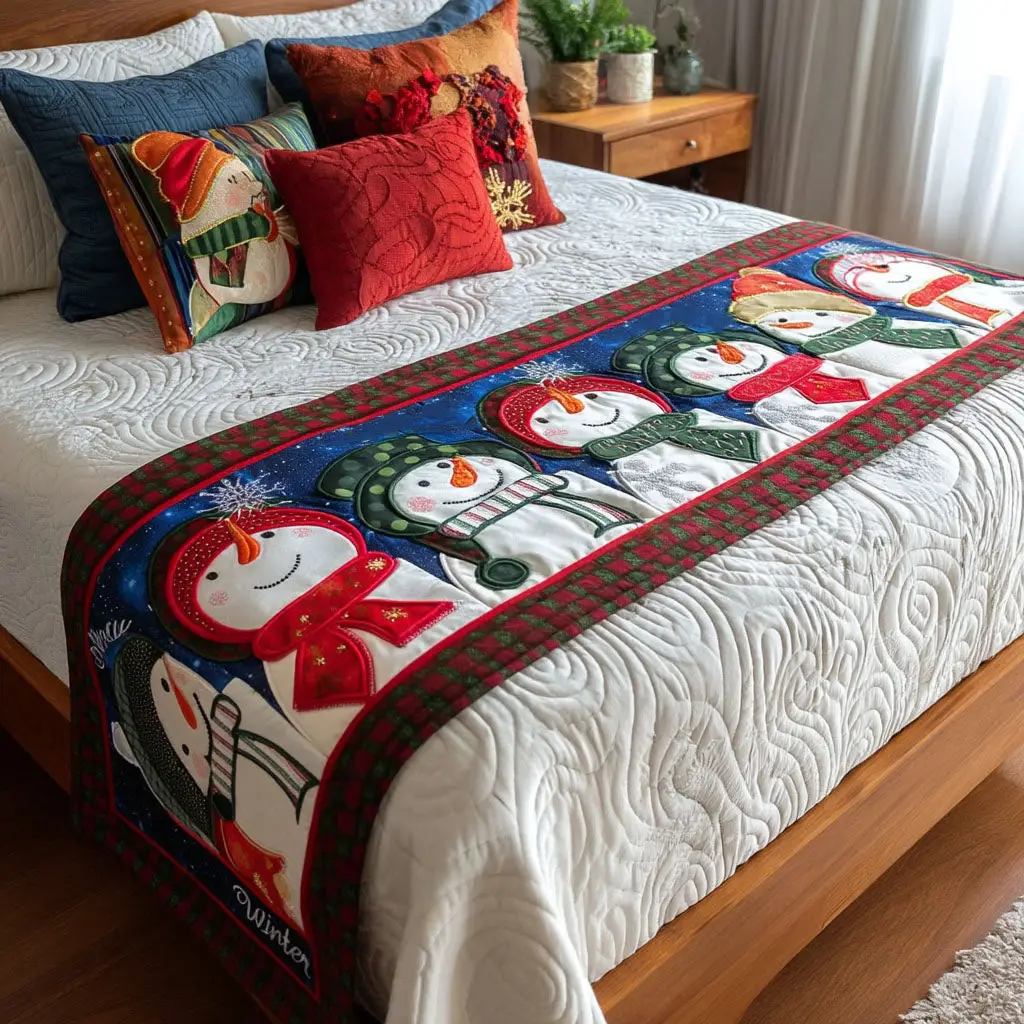 Jolly Snowman Quilted Bed Runner Jolly Snowman Scene Christmas Gift for Wife
