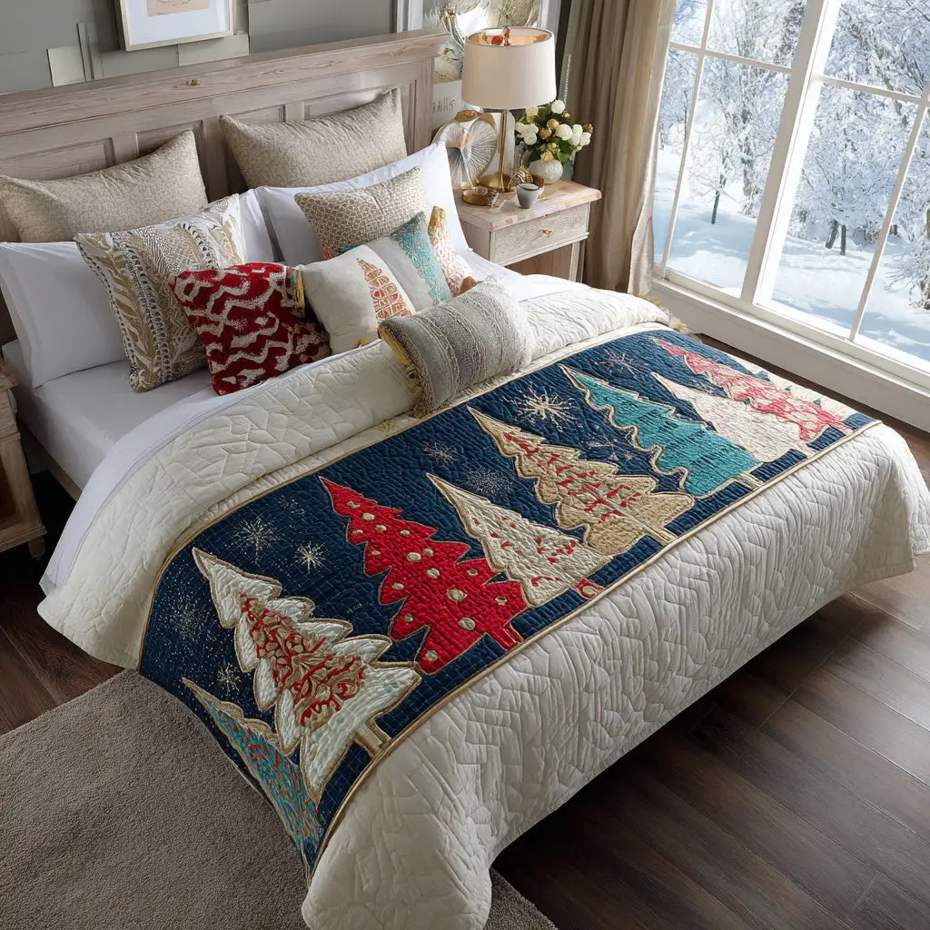 Jolly Trees Quilted Bed Runner Cheerful Holiday Trees Christmas Gift for Mom