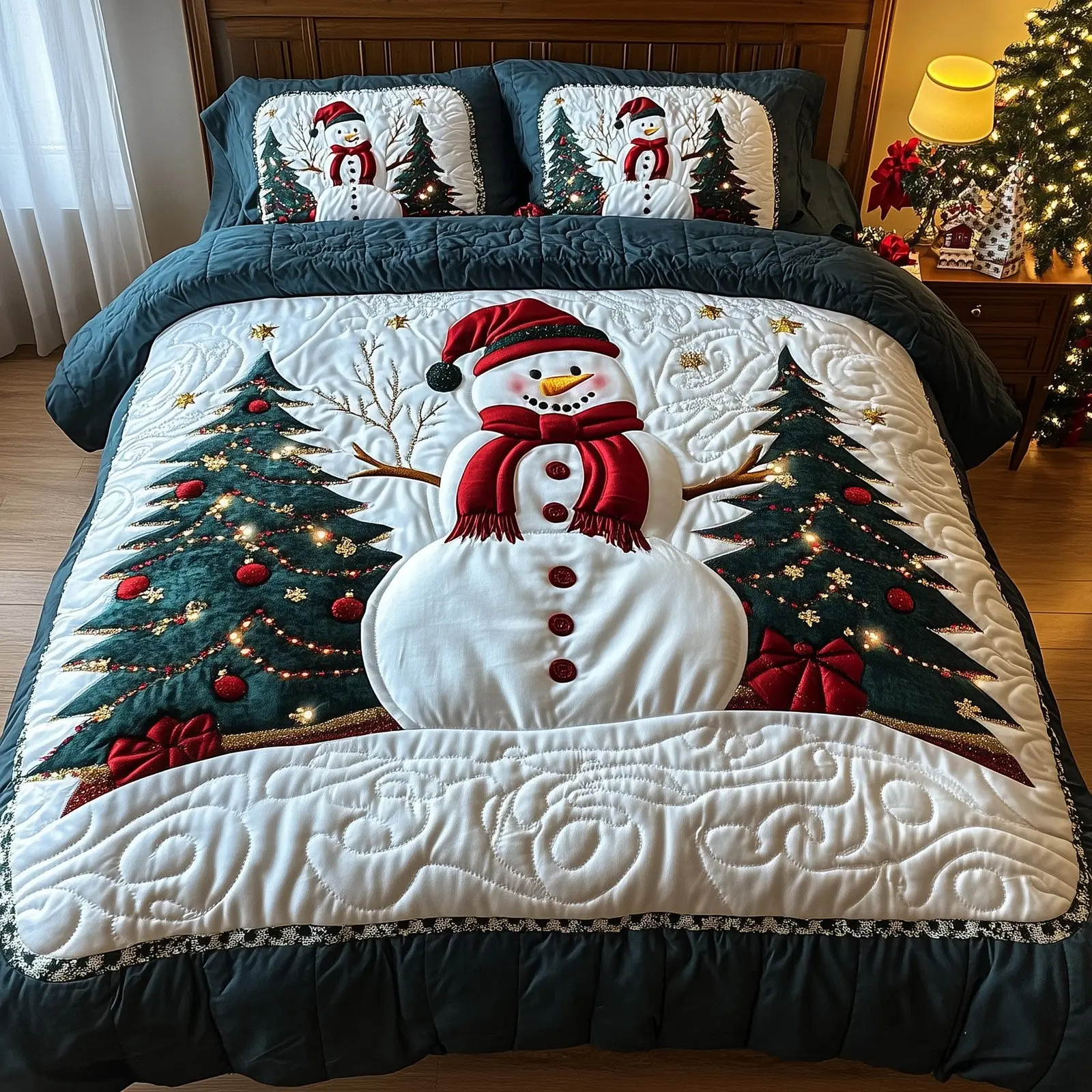 Joyful Snowman Christmas Quilted Bedding Set Duvet Cover Bedspread Cute Xmas Present Ideas