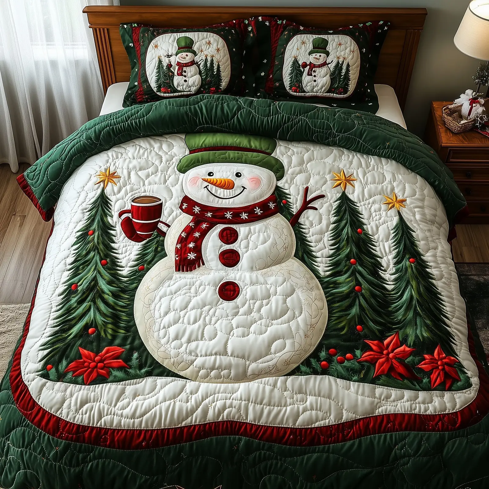 Joyful Snowman Christmas Quilted Bedding Set Duvet Cover Bedspread Cute Xmas Presents For Daughter