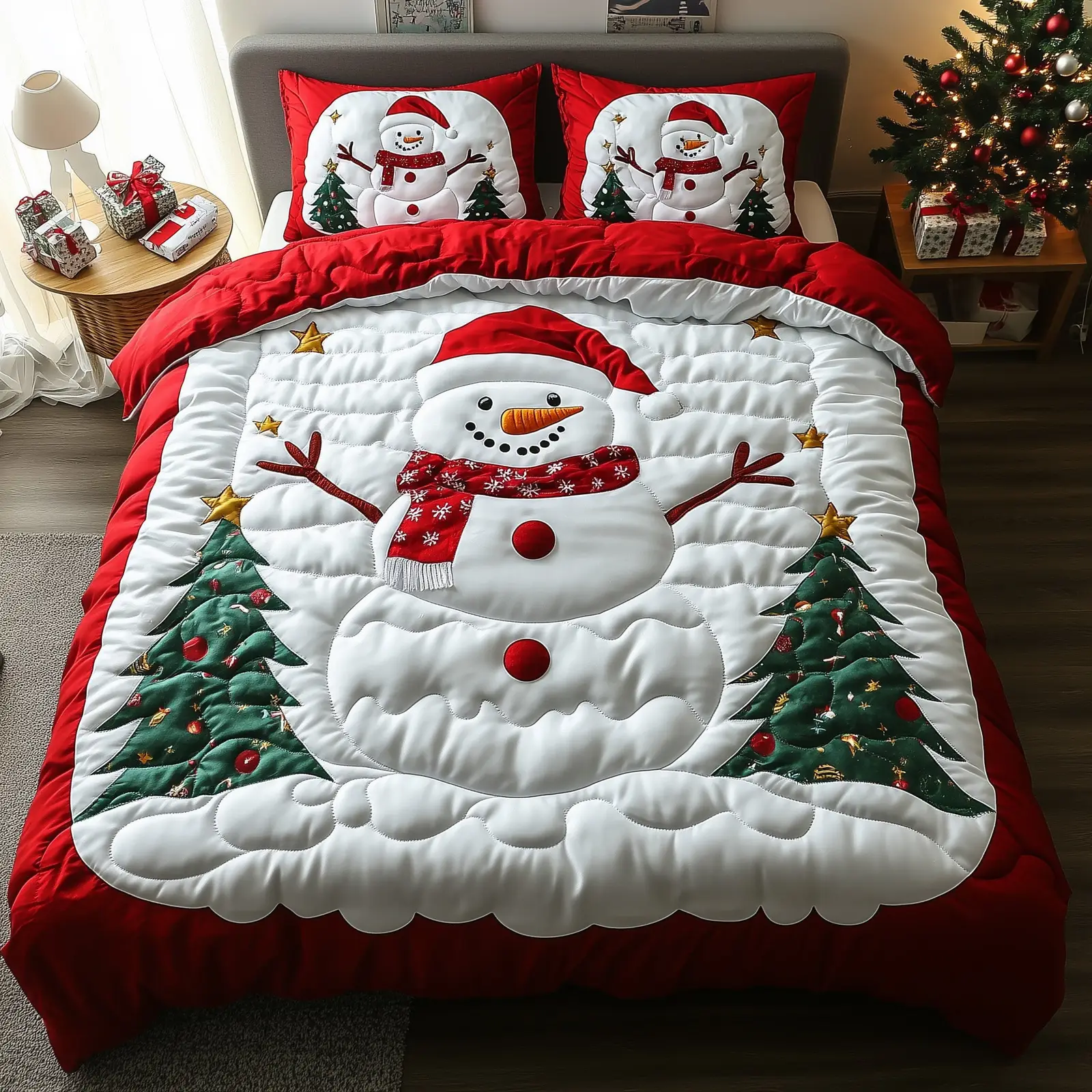 Joyful Snowman Christmas Quilted Bedding Set Duvet Cover Bedspread Cute Xmas Presents For Girlfriend