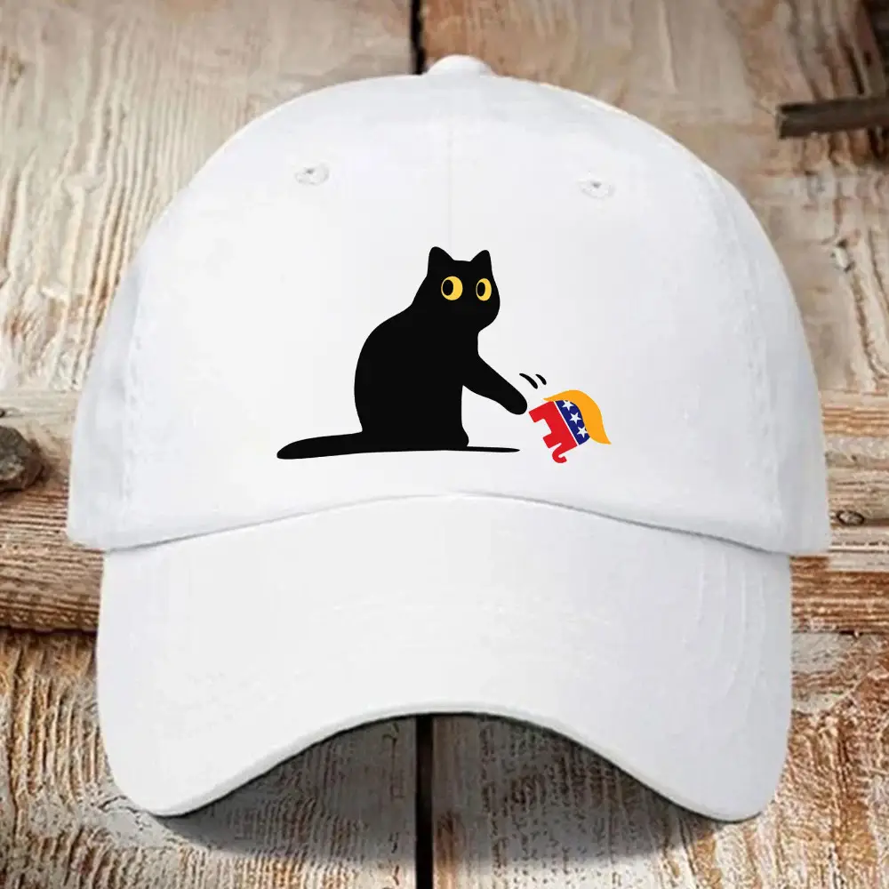 Kamala Harris 2024 Hat With Black Cat Knocking Over MAGA GOP Dad Cap For Voters