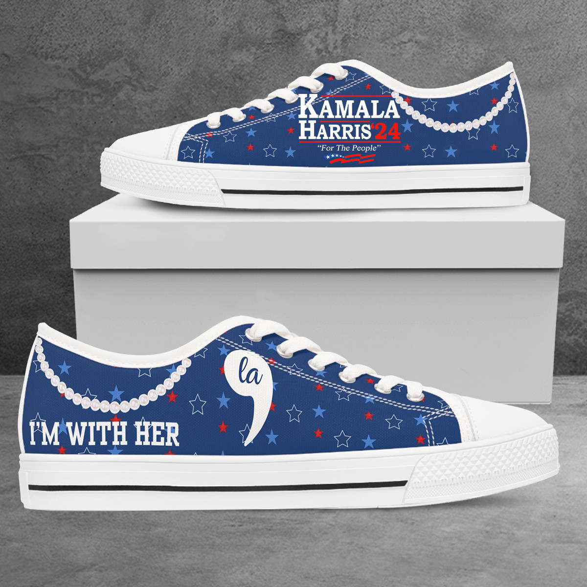 Kamala Harris I'm With Her Low Top Shoes Comma La Harris Walz 2024 For The People Pearls Low Top Sneakers