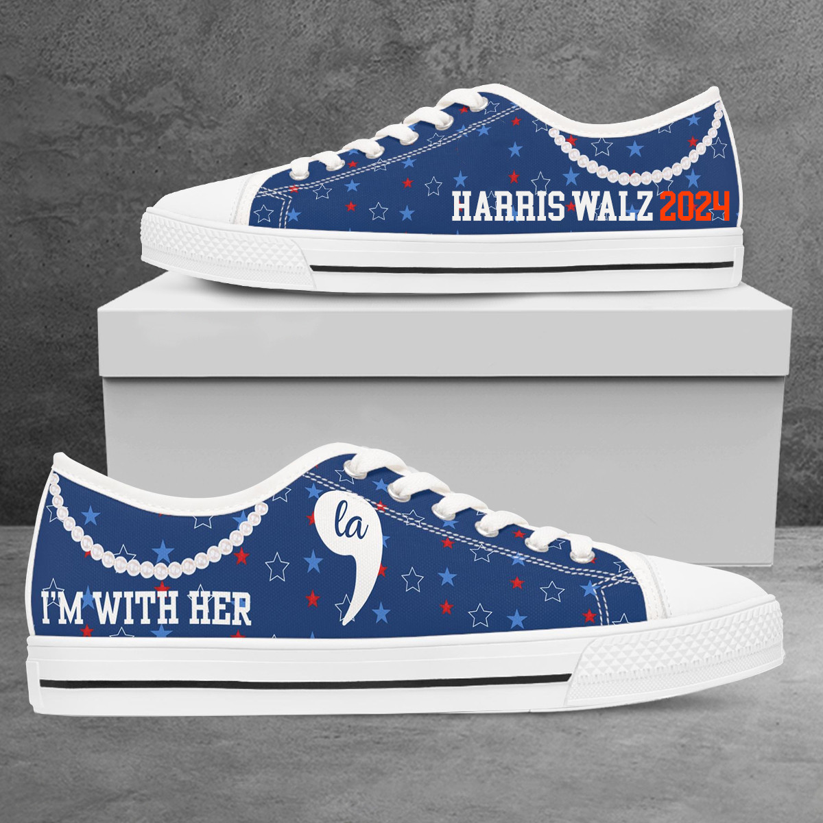 Kamala Harris I'm With Her Low Top Shoes Comma La HARRIS WALZ 2024 Pearls Low Top Shoes