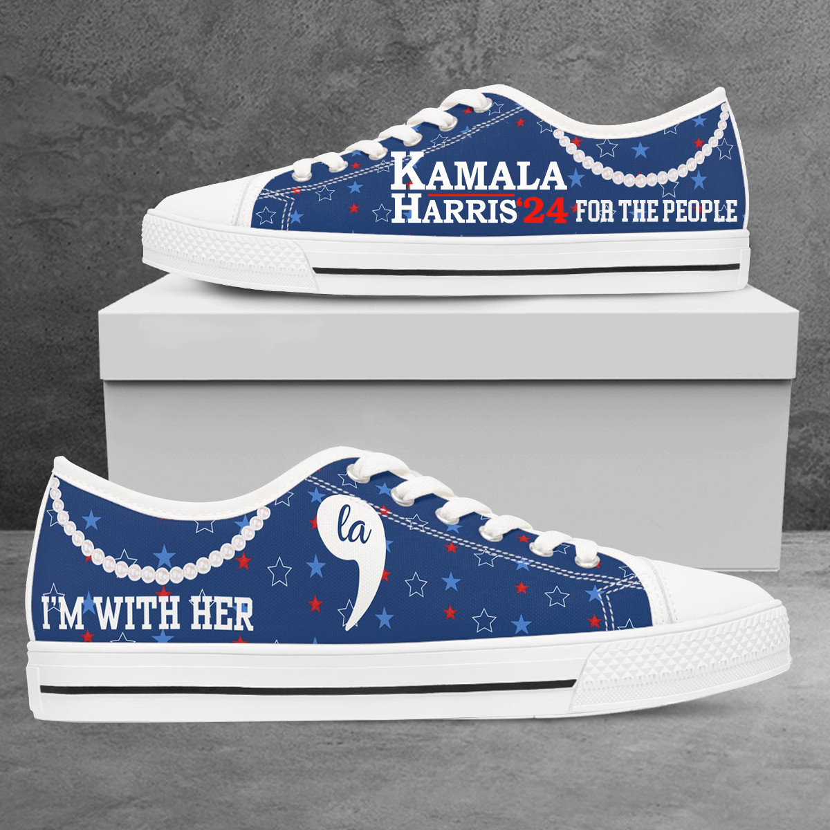 Kamala Harris I'm With Her Low Top Shoes Comma La Harris Walz '24 For The People Pearls Low Top Sneakers