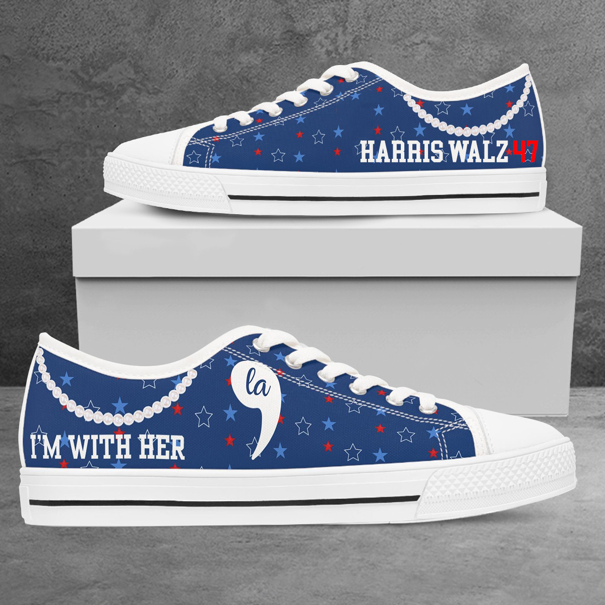 Kamala Harris I'm With Her Low Top Shoes Comma La HARRIS WALZ 47 Pearls Low Top Shoes Kamala Harris I'm With Her Low Top Shoes Comma La HARRIS WALZ 47 Pearls Low Top Shoes - Image 1